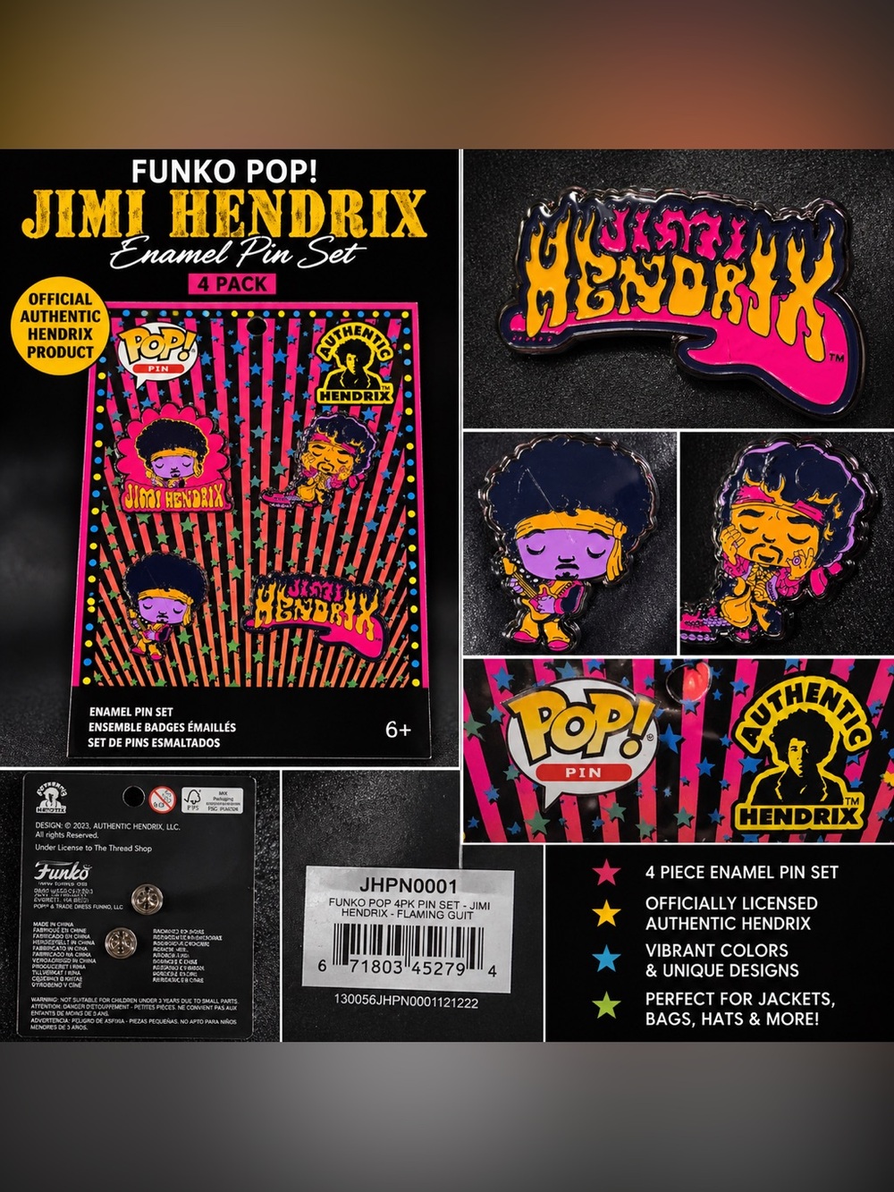 Funko Pop Jimi Hendrix Enamel Pin Set 4 Pack Flaming Guitar NEW